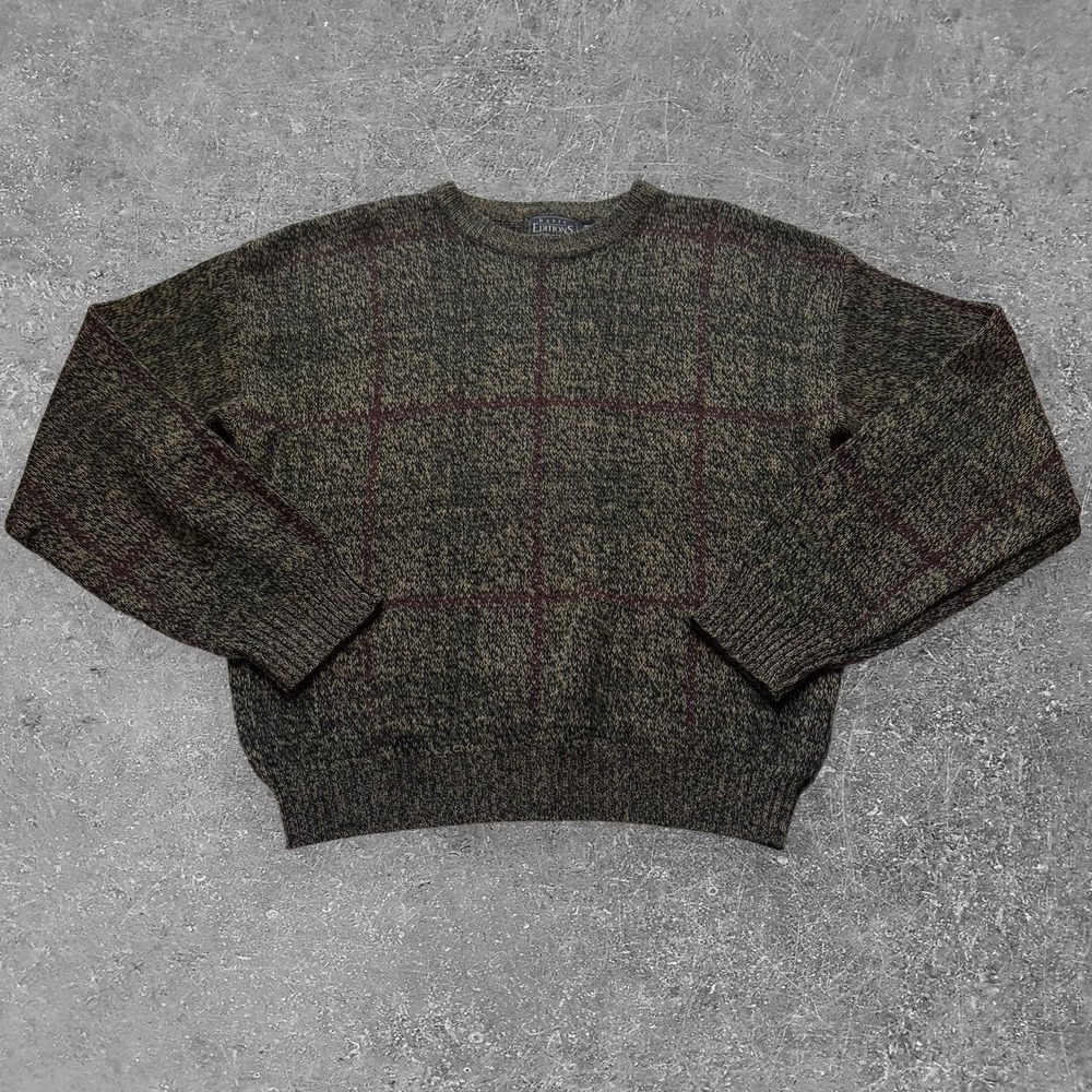 Basic Editions Mens Acrylic Knit Grandpa Sweater Marled Green Plaid Medium